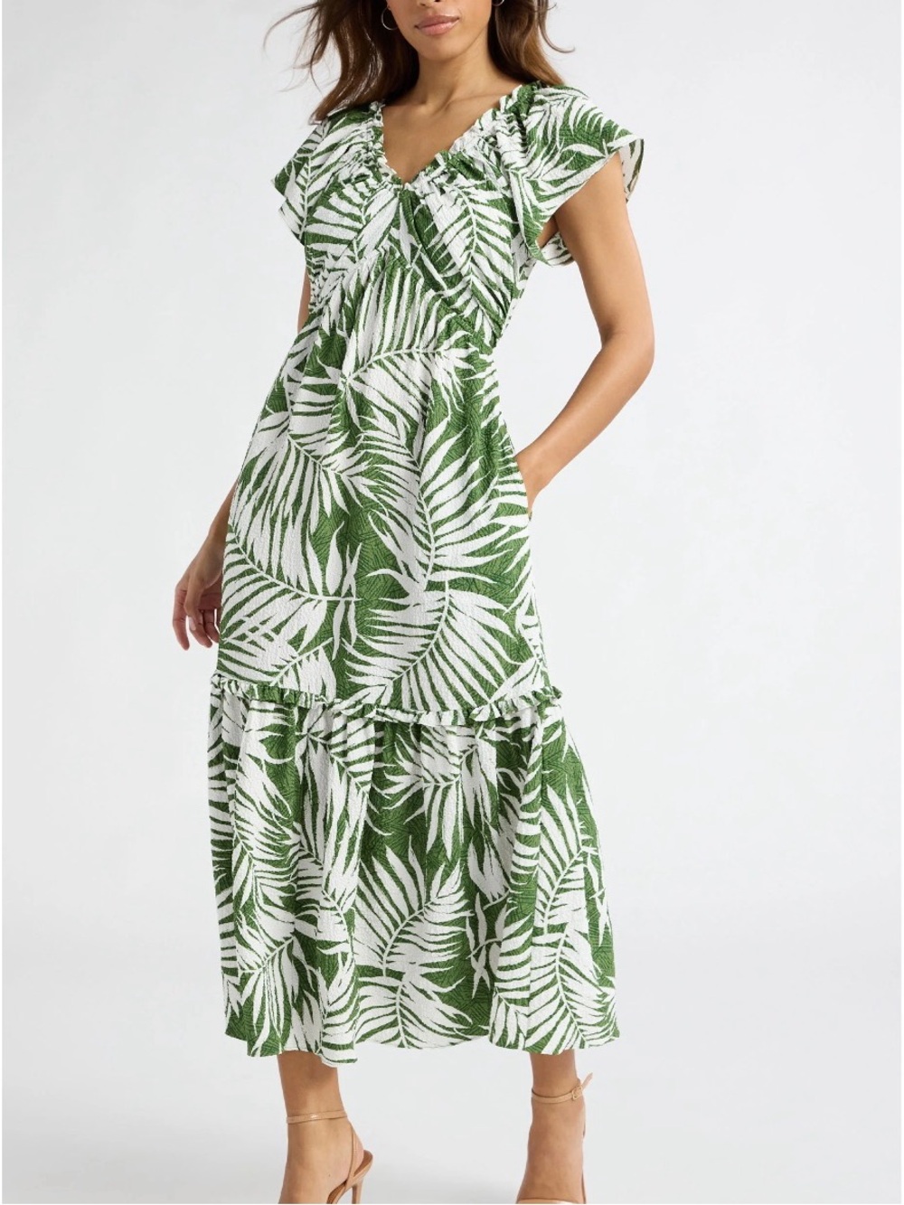 Sofia Jeans Green V-Neck Dress with Flutter Sleeves, tiered midi dress